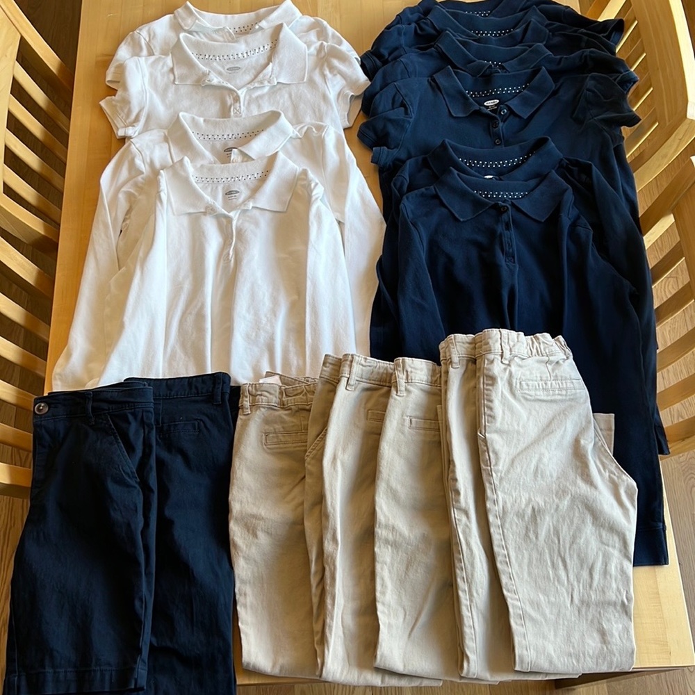 School uniform with polos, pants, and shorts!